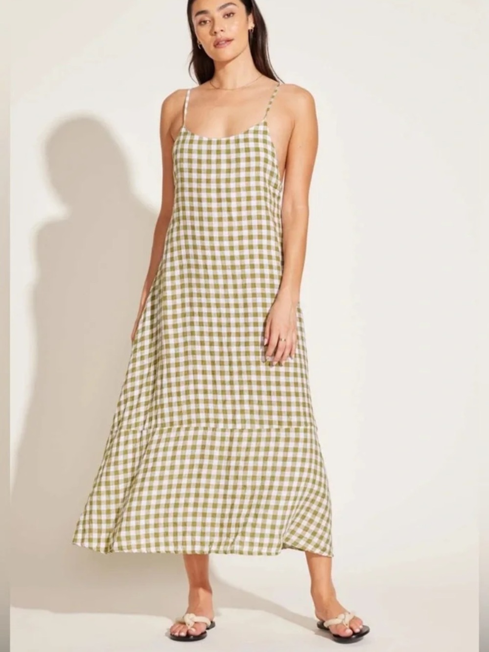 VITAMIN A Mari Gingham Linen Cover-Up Maxi Dress Ecolinen Avocado Gingham Sz S